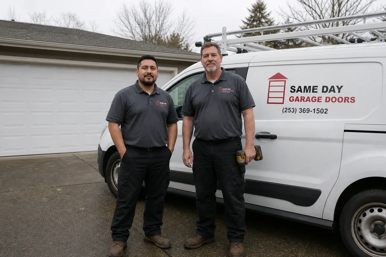 Same Day Garage Doors technicians and service van outside a home in Kent, WA